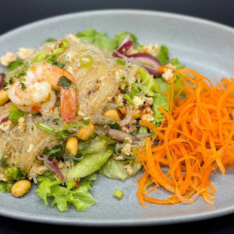 Thai glass noodle salad with shrimp, lettuce, peanuts, herbs, and shredded carrots on a gray plate.