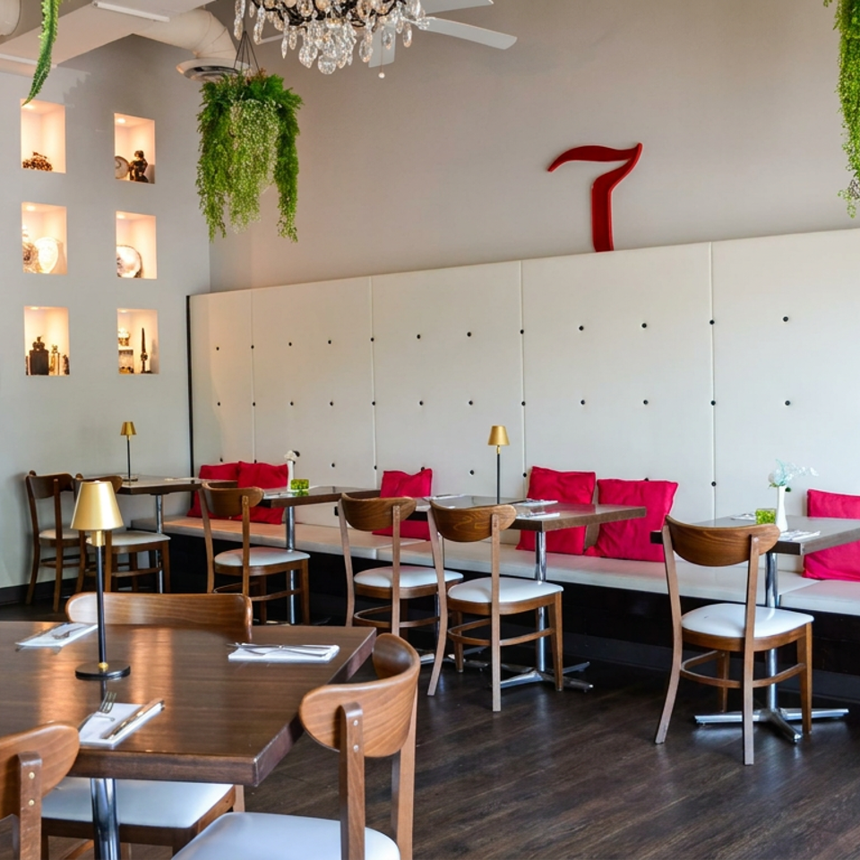 Contemporary restaurant dining room with wooden tables, white banquette seating, bright pink cushions, hanging plants, and chandelier.