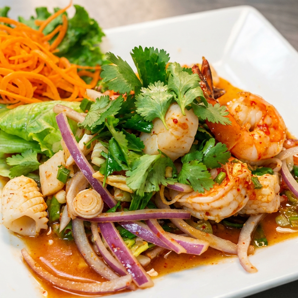 Spicy seafood salad with shrimp, squid, onions, cilantro, and shredded carrots served on lettuce atop a white plate.