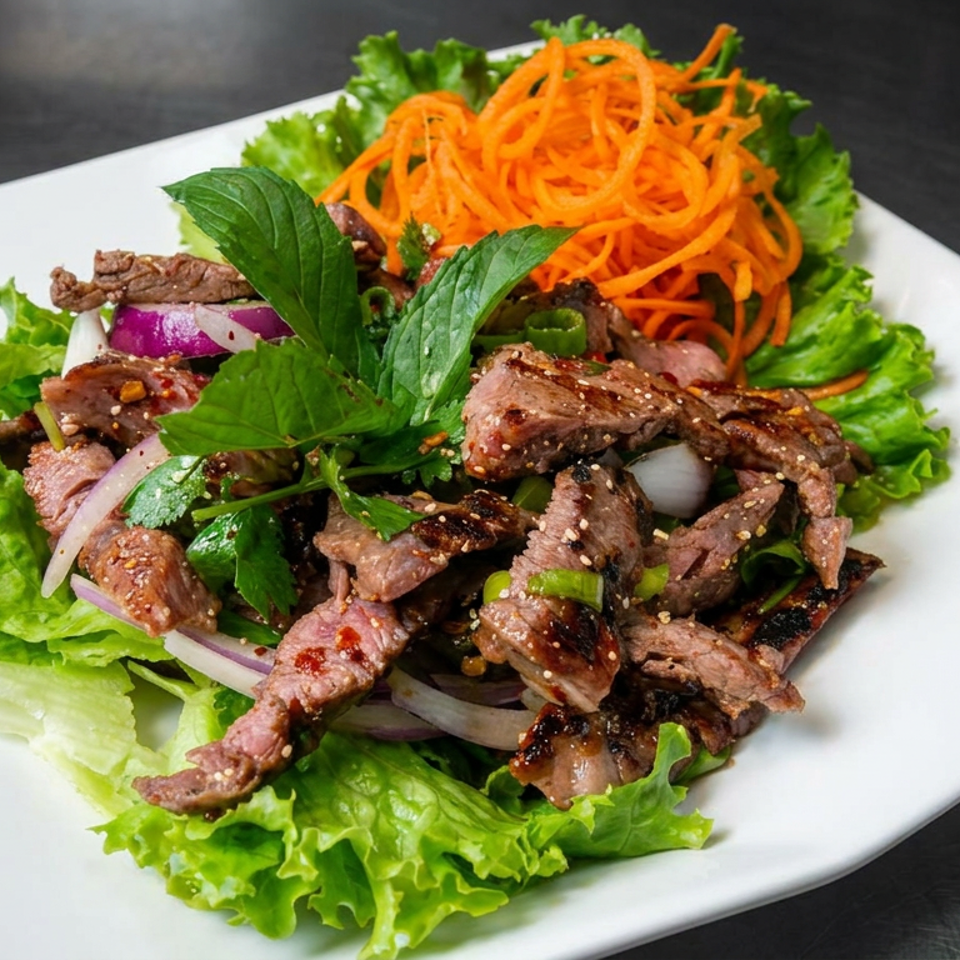 Grilled beef salad with lettuce, shredded carrots, red onion, fresh herbs, and sesame seeds on a white plate.