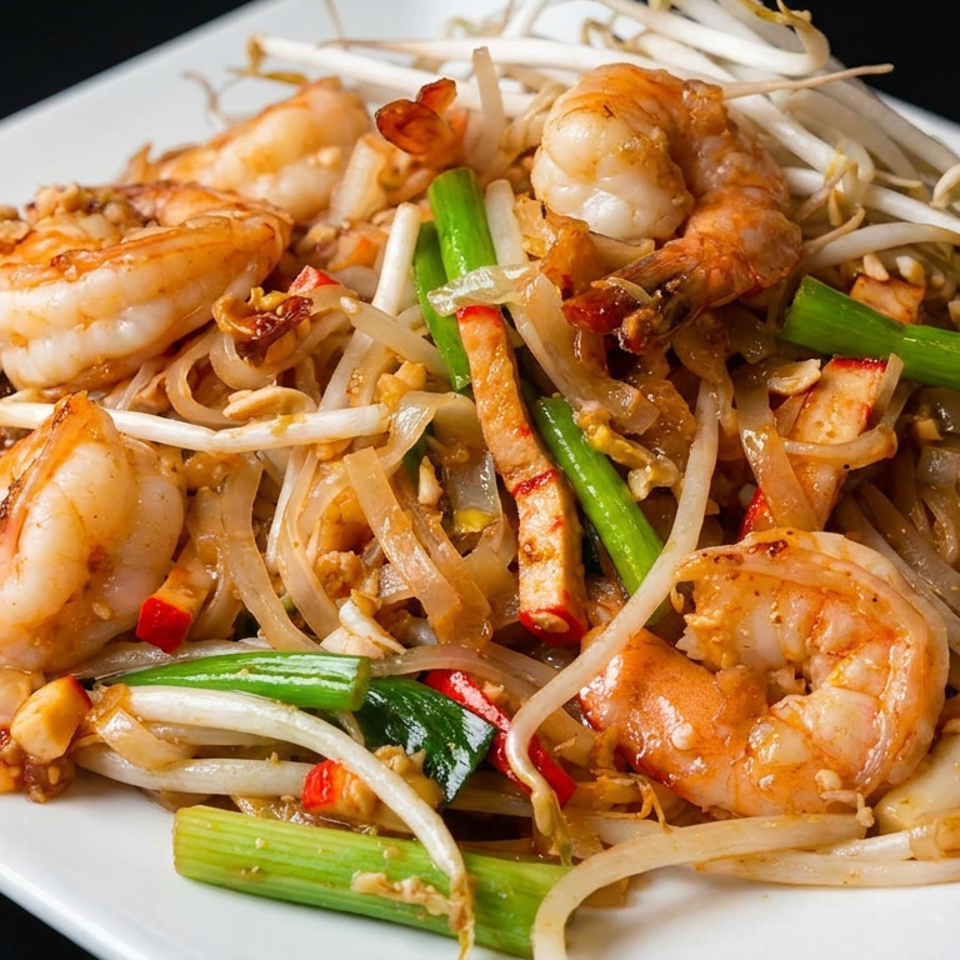 Pad Thai with shrimp, bean sprouts, scallions, crushed peanuts, and chili peppers on a white plate.