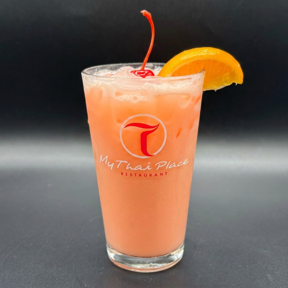 Peach-colored cocktail garnished with an orange slice and cherry, served in a My Thai Place Restaurant glass.