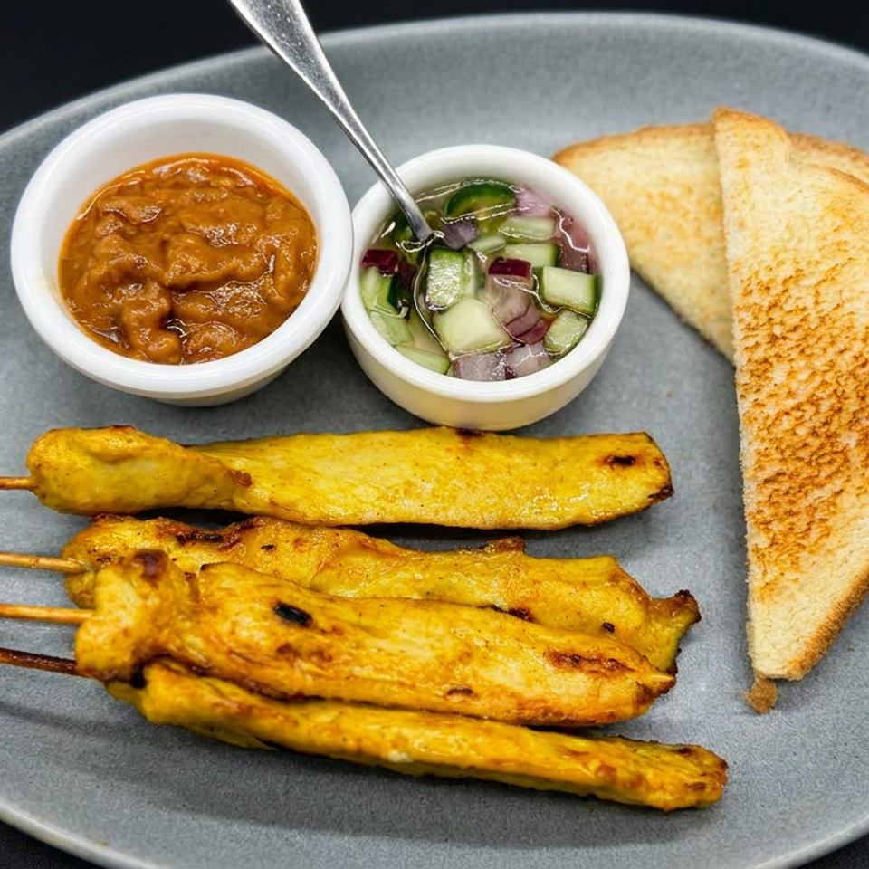 Grilled yellow-marinated skewers served with toasted flatbread, peanut sauce, and cucumber-onion relish on a gray plate.