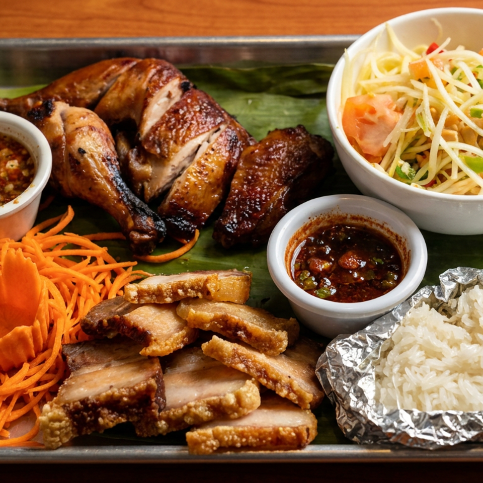 Tray of grilled chicken, crispy pork, sticky rice, shredded papaya salad, carrots, and dipping sauces on a banana leaf.