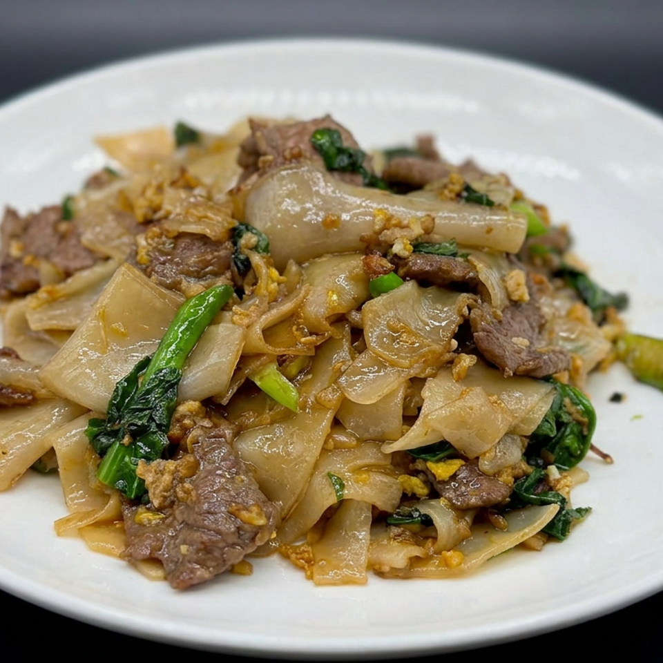 Thai-style stir-fried wide rice noodles with beef, leafy greens, egg, and vegetables on a white plate.