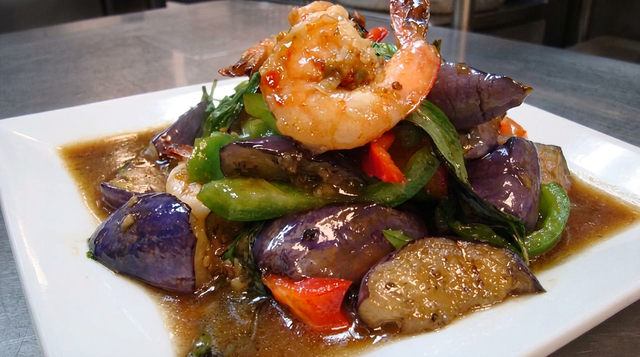 Goong Pad Eggplant Basil.